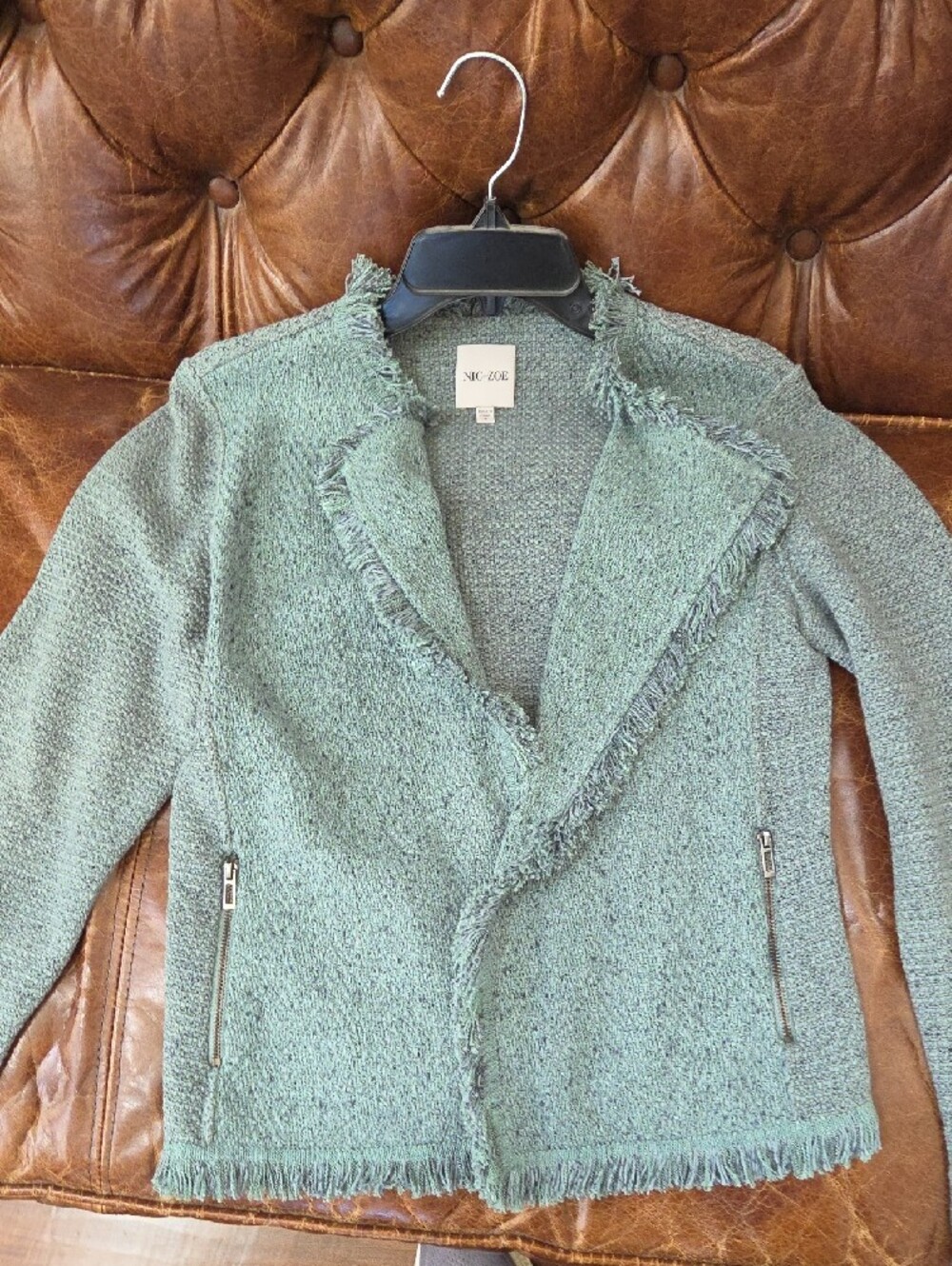 NIC+ZOE Soft Green-Blue Fringe Mix Knit Jacket - Picture 7 of 8
